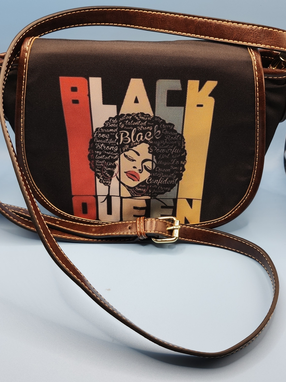 Black Queen Retro Afro Crossbody Saddle Bag Canvas Leather Shoulder Handbag 70s